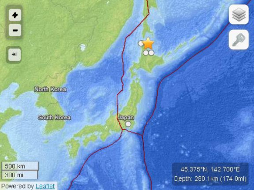 日本北海道海域发生5级地震震源深度280公里