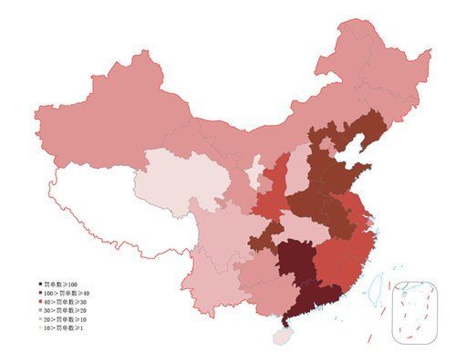 图3.保监会派出机构罚单分布示意图